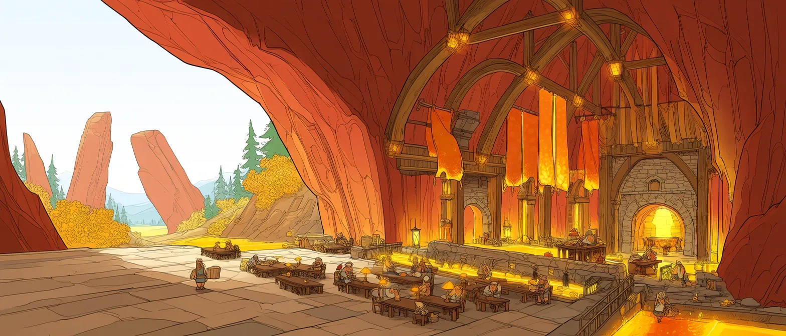 An illustrated golden hall carved into the Colorado Front Range, lit by great hearths, where founders gather to build.